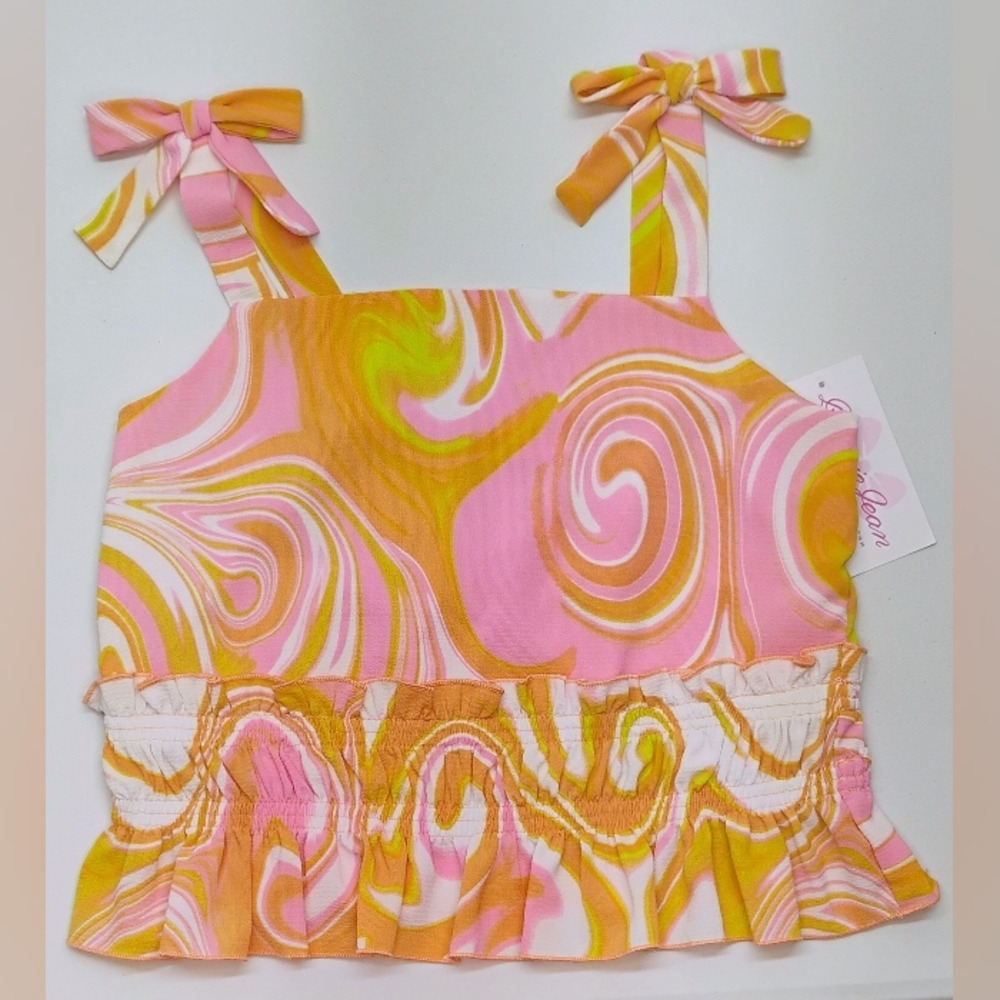 Bonnie Jean Crop Top Ruched Girls Sz 16 Lined Orange/Pink Swirls V-3